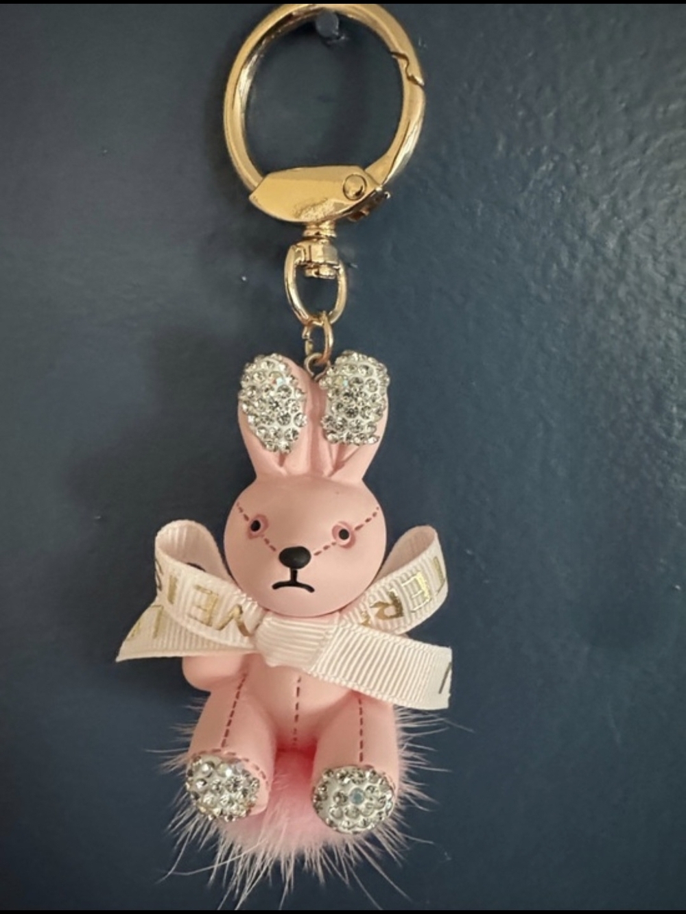 Pink Bunny Keychain Charm with Crystal Accents